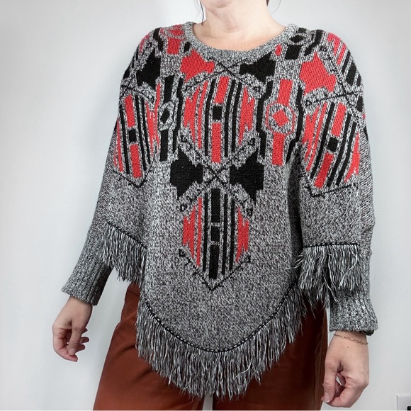 Mossimo Blanket Sweater Poncho Womens Size A/M Fringe Boho Western Grey Red - Picture 1 of 6